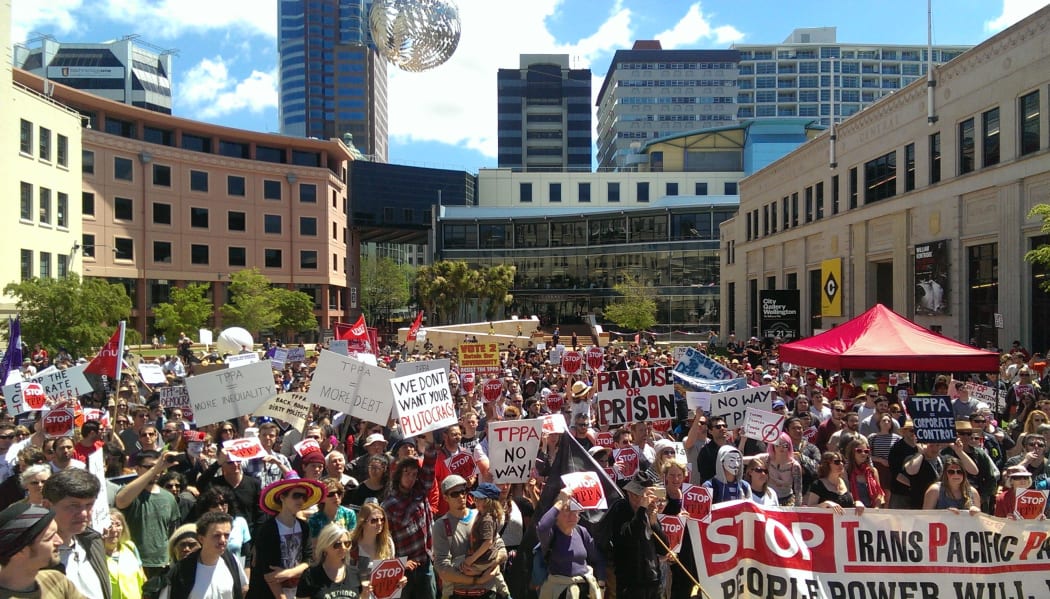 Today's TPPA protest included a march in Wellington from Cuba Street to Civic Square (pictured).