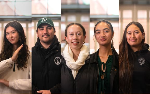 From left to right AUT students Hera Watene, Noah Singe, Alyssa, Maia Staples-Fletcher and Te Amohura Hepi.
