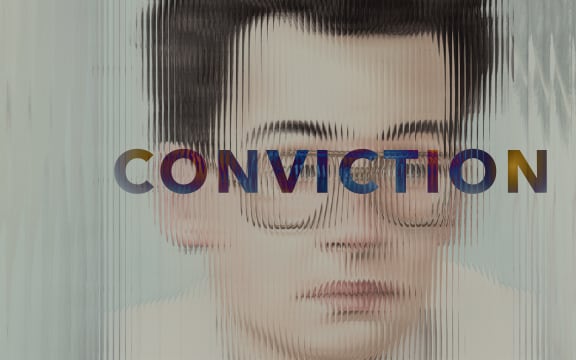 An illustrated portrait of Peter Ellis that looks distorted by glass. A bold 'CONVICTION' sits on top.