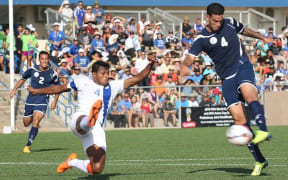 Guam's Travis Nicklaw attempts a shot in the Matao's 2-1 Football World Cup qualifying win over India.