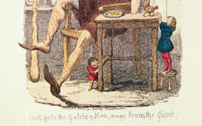 Jack Gets the Golden Hen away from the Giant (Jacques emporte la poule aux oeufs d'or du geant. Jacques et le haricot magique) (colour litho) by Cruikshank, George (1792-1878); Private Collection; (add.info.: Jack and the Beanstalk) (Photo by leemage / Leemage via AFP)