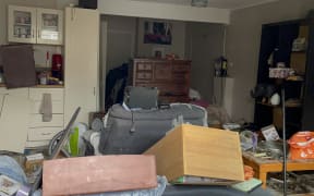 The granny flat at Annette Kennedy's West Auckland home after it was inundated by floodwaters on 27 January, 2023.