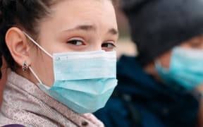 School-age children in medical masks. portrait of school children