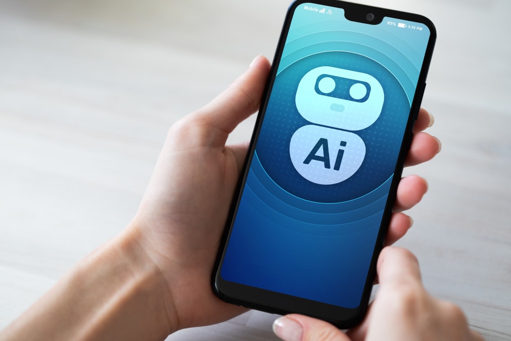 AI Artificial intelligence Deep machine learning concept. Robot icon on mobile phone screen.
