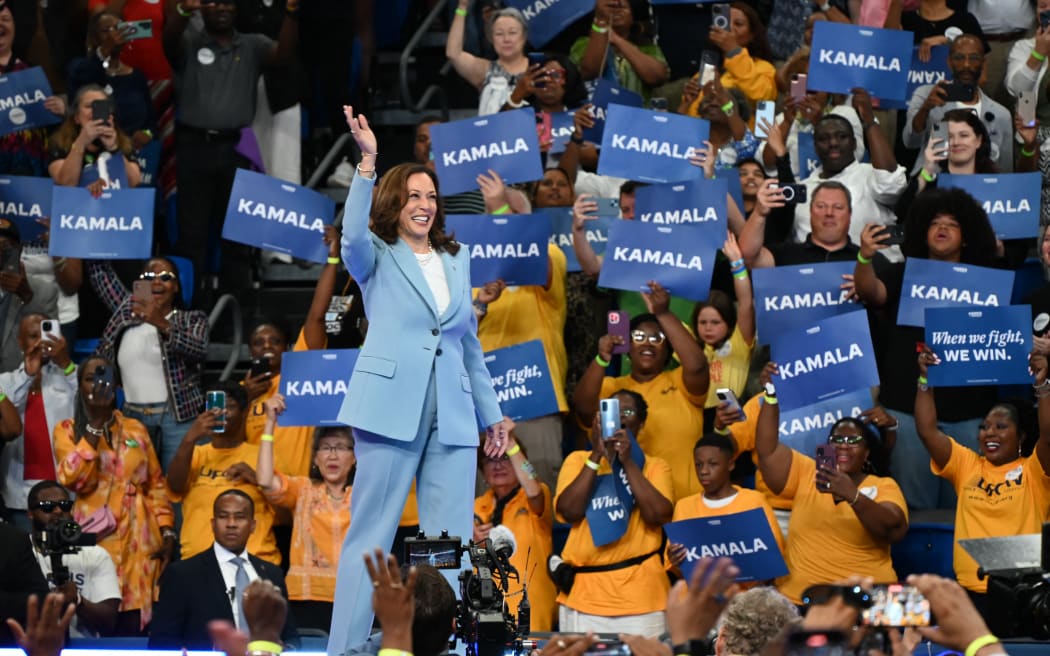 Madam Vice President of the United States and presumptive Democratic nominee for President of the United States Kamala Harris is delivering remarks on her vision for America and commenting on Former President of the United States Donald J. Trump for not committing to debate her at a Harris for President rally in Atlanta, Georgia, United States, on July 30, 2024. Over 10,000 people are attending the event featuring Vice President Harris. (Photo by Kyle Mazza/NurPhoto) (Photo by KYLE MAZZA / NurPhoto / NurPhoto via AFP)