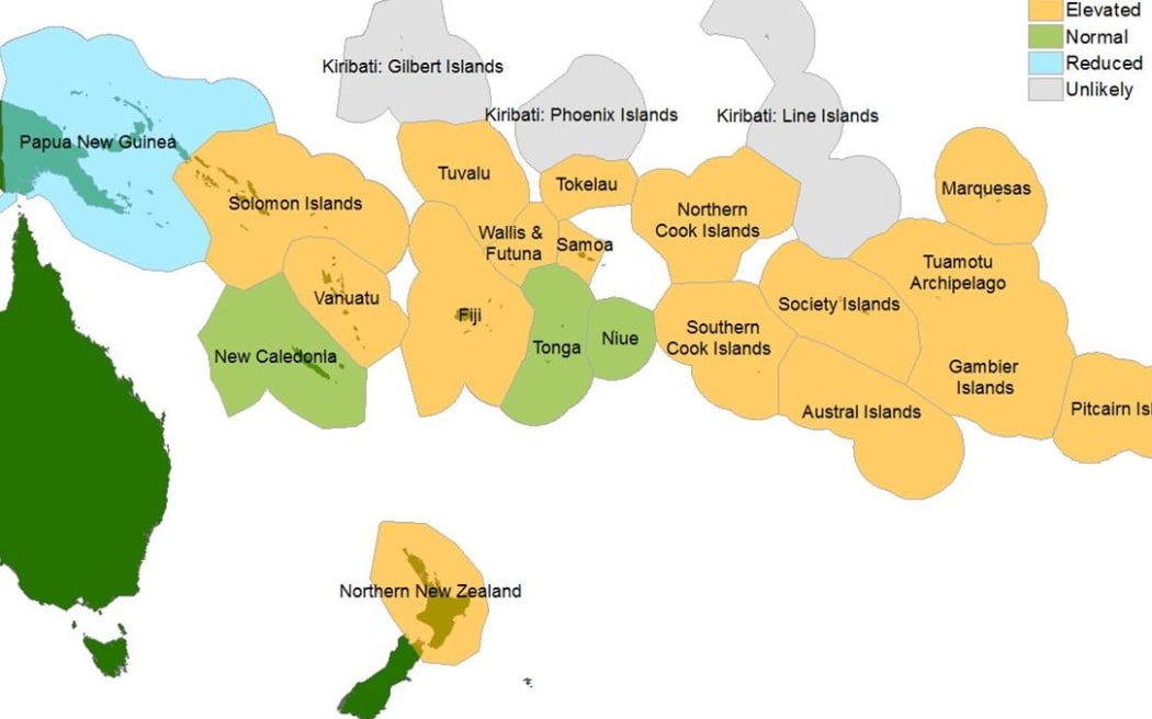 This map showing risk of tropical cyclones in the Pacific over the next few months.