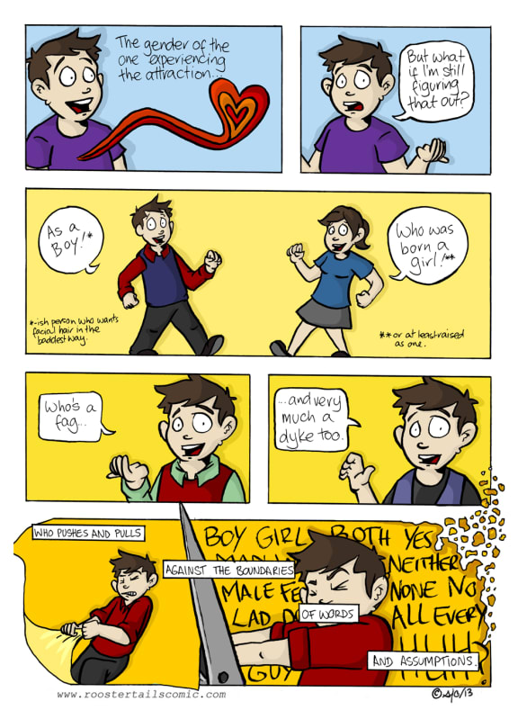 A comic strip by Sam Orchard explains the complications of dating and being gender queer.