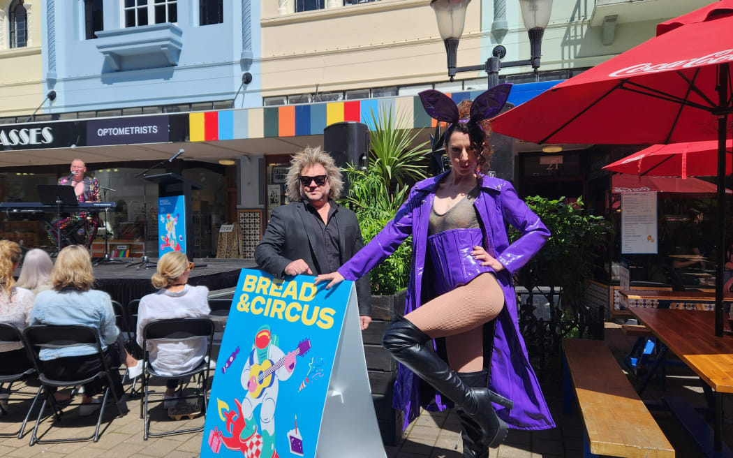 Festival director Scott Maidment (left) and performer Kirby Myers who stars in The Purple Rabbit magic show.