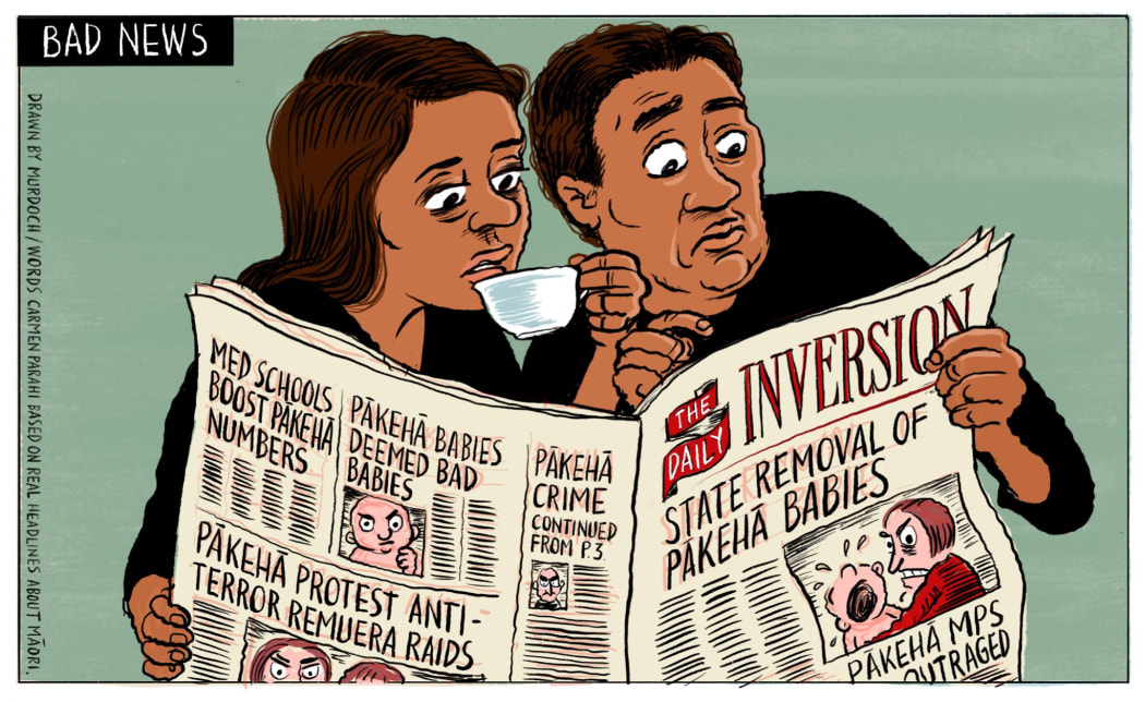 Sharon Murdoch's reality-reversing cartoon for Stuff's Tā Mātou Pono.