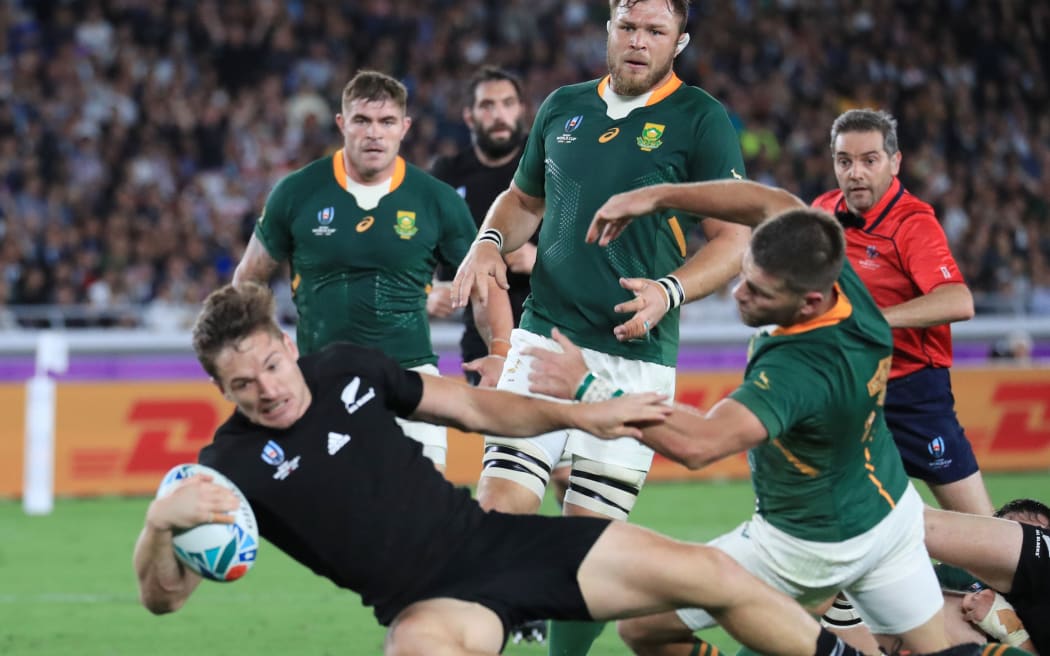 George Bridge (11) of New Zealand tries in the first half during the Pool B match of 2019 Rugby World Cup against South Africa at the International Stadium Yokohama (Nissan Stadium) in Yokohama City, Kanagawa Prefecture on September 21, 2019.