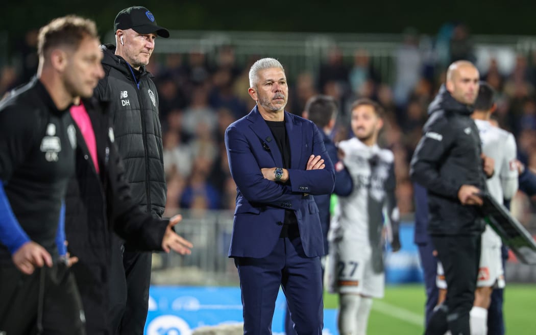 Auckland FC's head coach Steve Corica during the A-League men's second leg semifinal against Melbourne Victory.