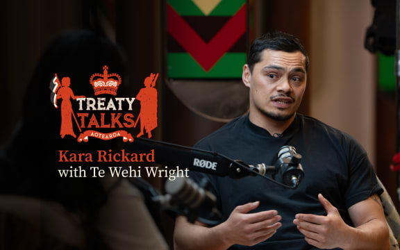 Crest referencing the nz coat of arms but featuring silhouette of a woman holding tino rangatiratanga flag and a crown with māori designs and the word Aotearoa at the base.
Colours are mainly red with some cream, all on a black background.
Text reads Kara Rickard with  Te Wehi Wright. 
Image of guest in conversation with host Kara (who is out of shot)