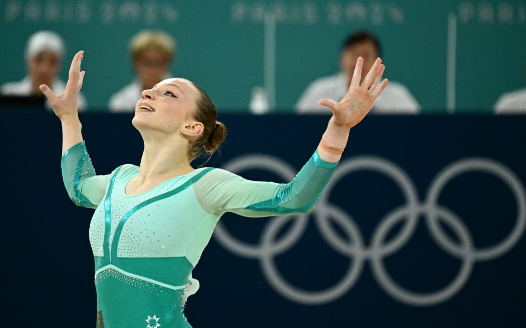 Romania's Ana Barbosu competes in the artistic gymnastics women's floor exercise final during the Paris 2024 Olympic Games.