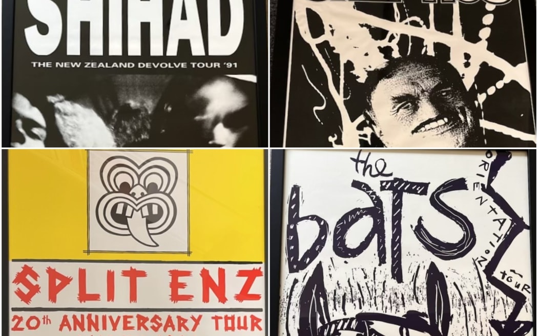 Collage of iconic NZ music posters, including Shihad, Skeptics, Split Enz and The Batz.