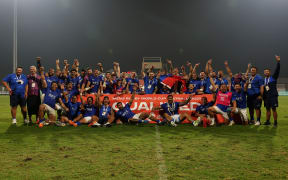 DUBAI, UNITED ARAB EMIRATES - NOVEMBER 18: Players of Samoa celebrates victory as they qualify for the 2027 rugby world cup following the Men's Rugby World Cup 2027 Final Qualification Tournament match between Samoa and Belgium at The Sevens Stadium on November 18, 2025 in Dubai, United Arab Emirates. (Photo by Christopher Pike - World Rugby/World Rugby via Getty Images)