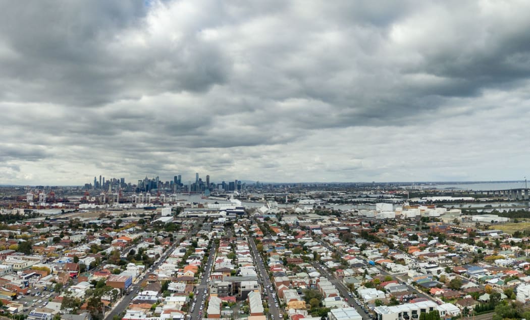 Aerial view of Melbourne cityscape with West Gate Bridge