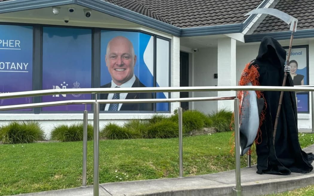 Māui and Hector’s Dolphin Defenders protested at Prime Minister Christopher Luxon’s office on Saturday.