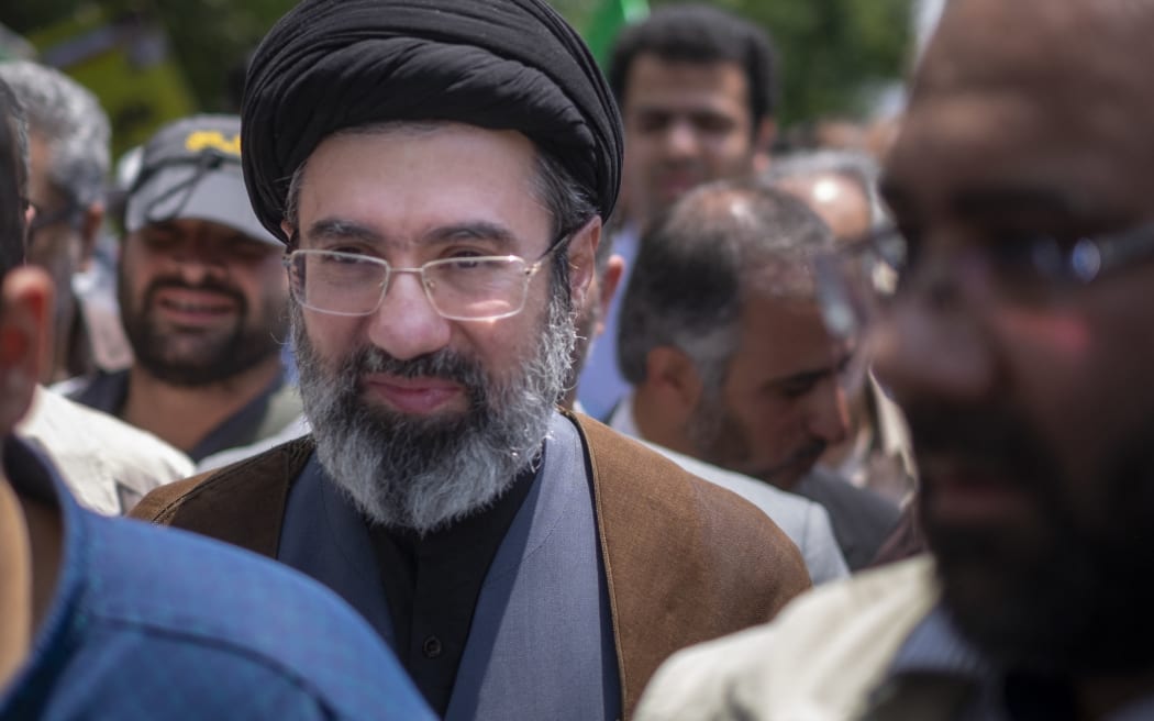 May 31, 2019 file photo shows, Son of Iran’s Supreme Leader Ayatollah Ali Khamenei, Mojtaba Khamenei, attends a demonstration to mark Jerusalem day in Tehran. (Photo by Morteza Nikoubazl/NurPhoto) (Photo by Morteza Nikoubazl / NurPhoto via AFP)