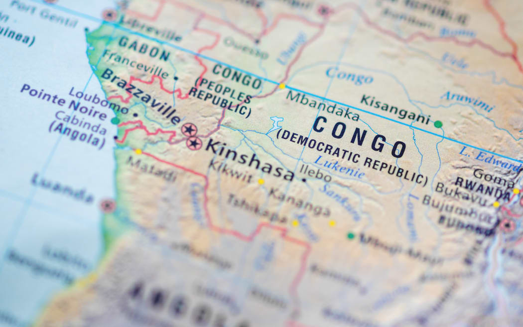 World map with focus on Democratic Republic of the Congo, also known as DRC, DROC, Congo-Kinshasa, with capital city Kinshasa.
