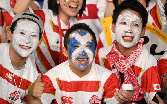 Fans await the start of the Japan 2019 Rugby World Cup Pool A match between Japan and Scotland at the International Stadium Yokohama in Yokohama on October 13, 2019.