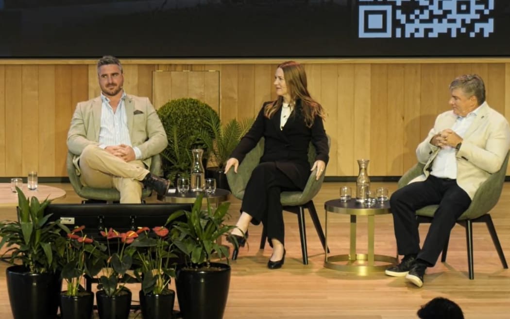 Aware Group chief executive Brandon Hutcheson, Dr Amanda Williamson, an AI lead at Deloitte and Glen Willoughby who is chief executive at Staples VR and also an advisor to NASA on emerging technologies during a panel discussion at the New Zealand Economics Forum.