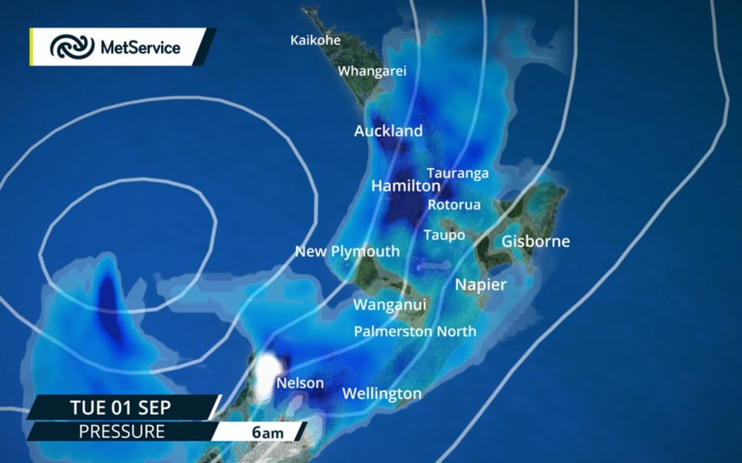 MetService's latest weather map shows a thick band of rain heading down the country.