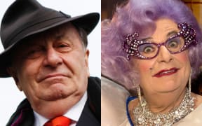 Barry Humphries, left, and his alter ego Dame Edna Everage, right.