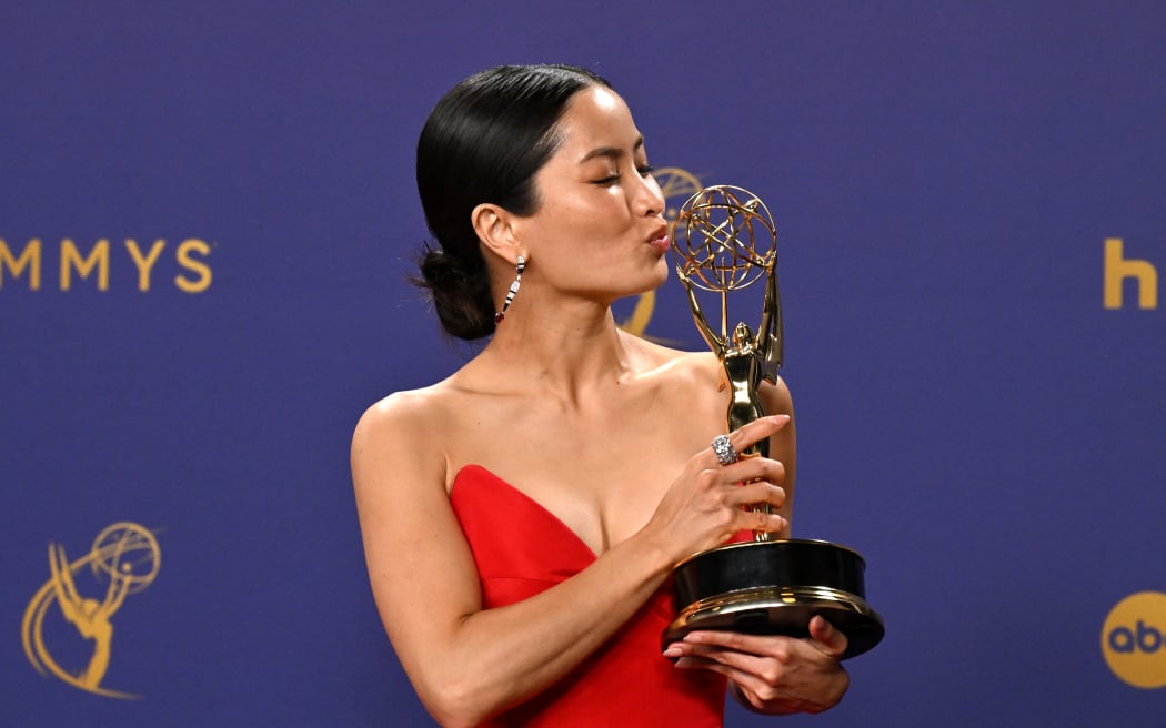 Japanese actress Anna Sawai winner of the Outstanding Lead Actress in a Drama Series award for "Shogun" poses in the press room during the 76th Emmy Awards at the Peacock Theatre at L.A. Live in Los Angeles on September 15, 2024.