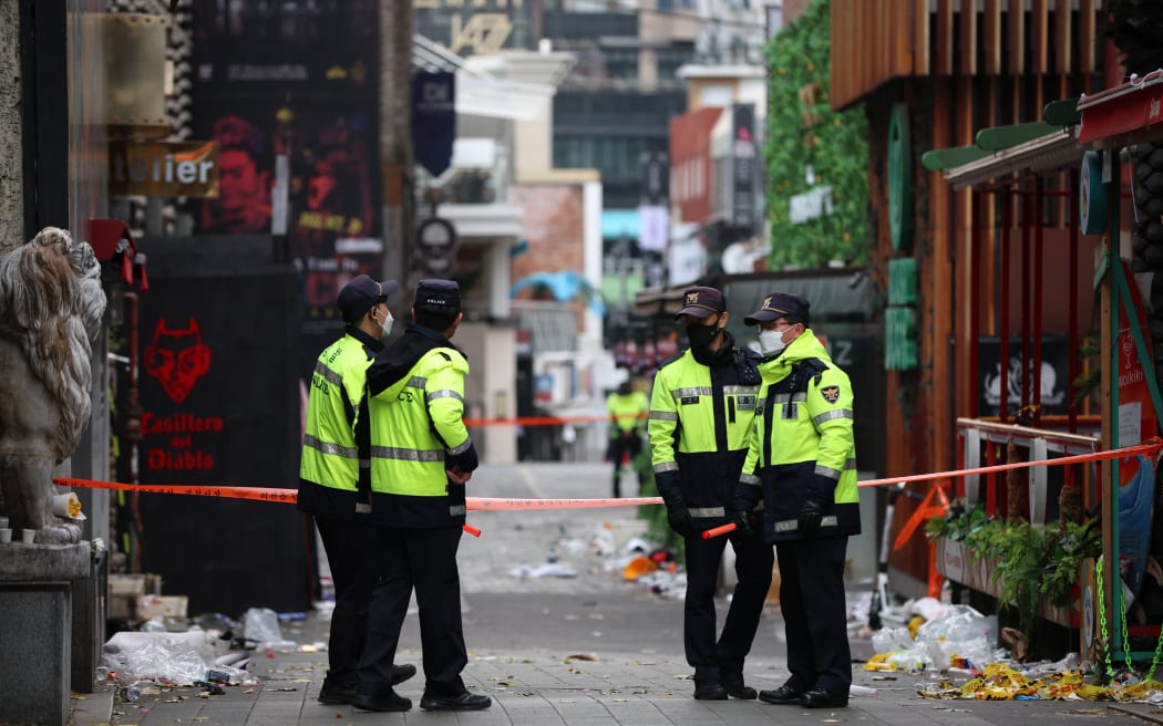 A photo shows near a scene of crowd surge accident where lots of people fell at Itaewon area in Seoul, South Korea on November 3, 2022. While lots of people were gathering prior to Halloween on 29th, 155 people died due to falling down one upon another.( The Yomiuri Shimbun ) (Photo by Koji Ito / Yomiuri / The Yomiuri Shimbun via AFP)