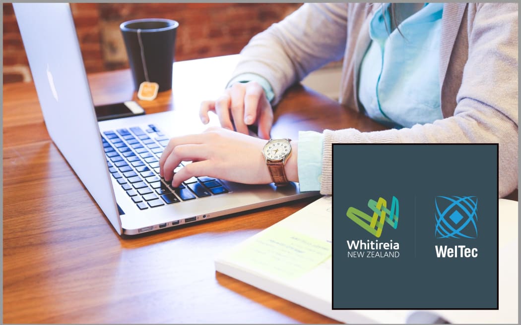 Image of student in front of computer with WelTec logo