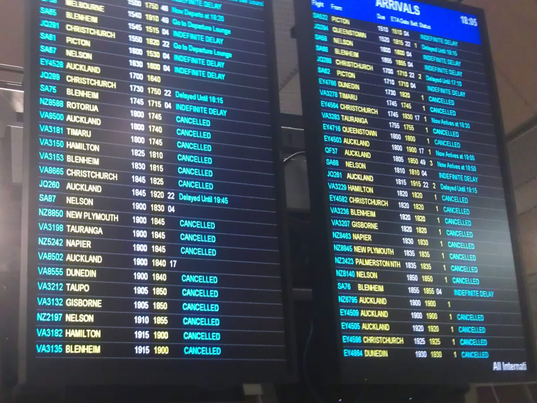 Wellington Airport's flight information board.