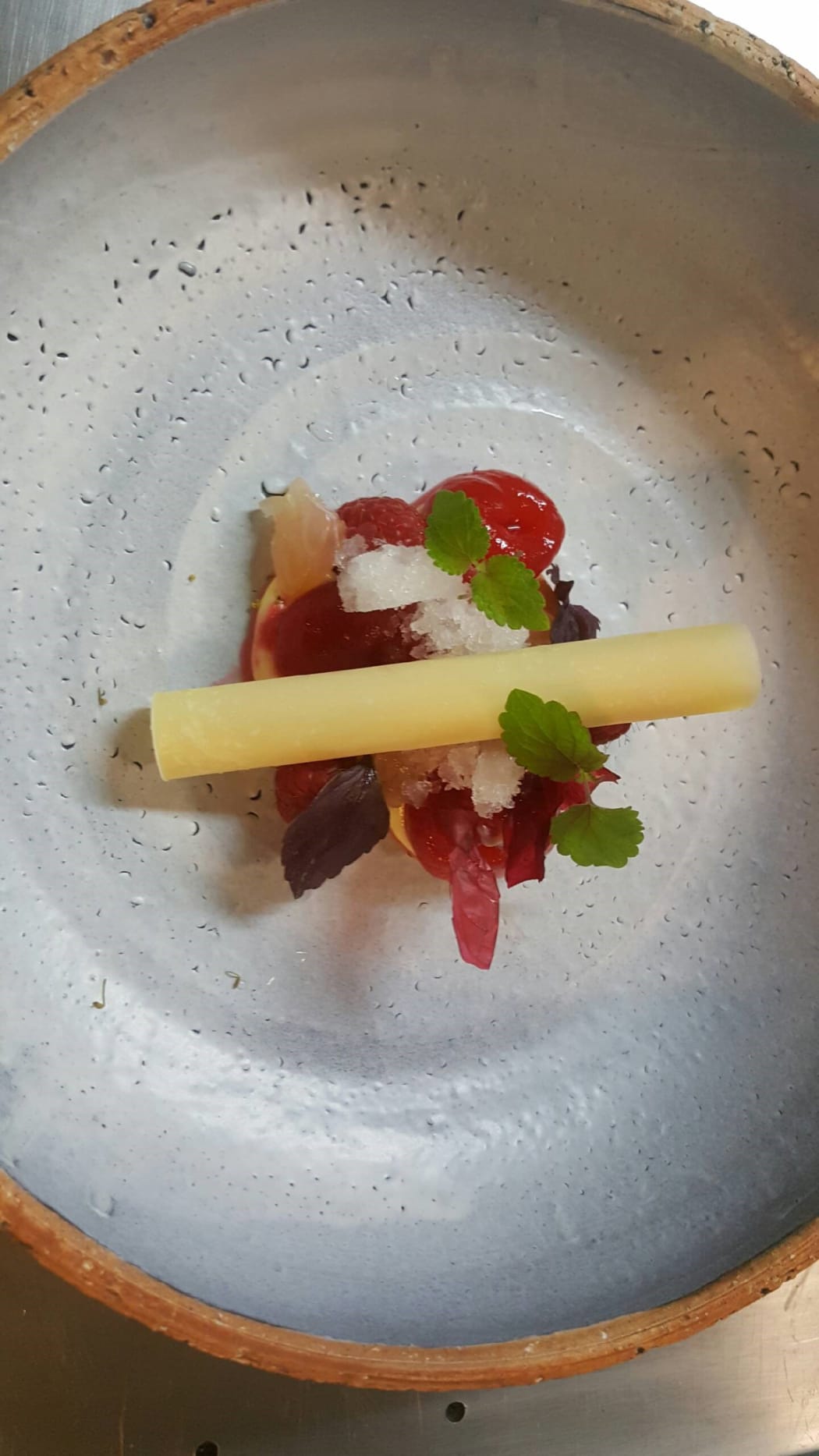 Sidart’s passionfruit custard with raspberry, plum, lemon verbena