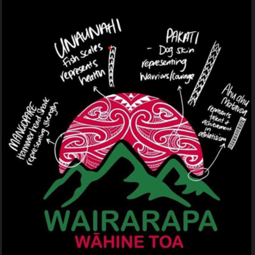 The Wairarapa Wāhine Toa logo. Black is to represent wāhine coming out of the darkness. Green represents renewal and resurrection of women's rugby. And red for passion and courage