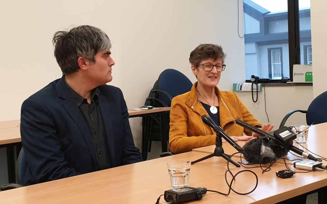 Dunedin mayor Aaron Hawkins and Sue Bidrose addressing media this afternoon regarding her resignation.