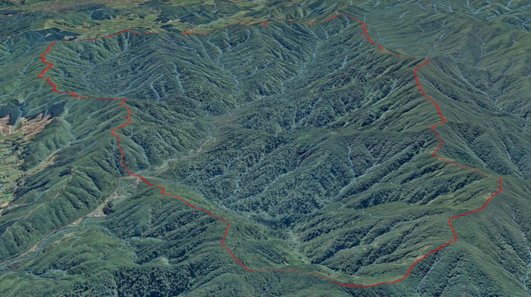The initial projected fence line for the Puketahā sanctuary, which surrounds the water catchment zone.