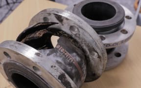 The rubber expansion joint that failed on the Kaitaki ferry (foreground) is seen next to one in good condition.