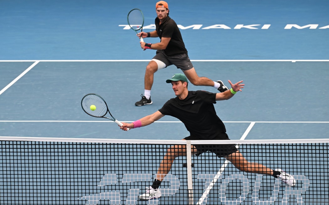 New Zealand’s Finn Reynolds and James Watt during their doubles match at the ASB Classic.