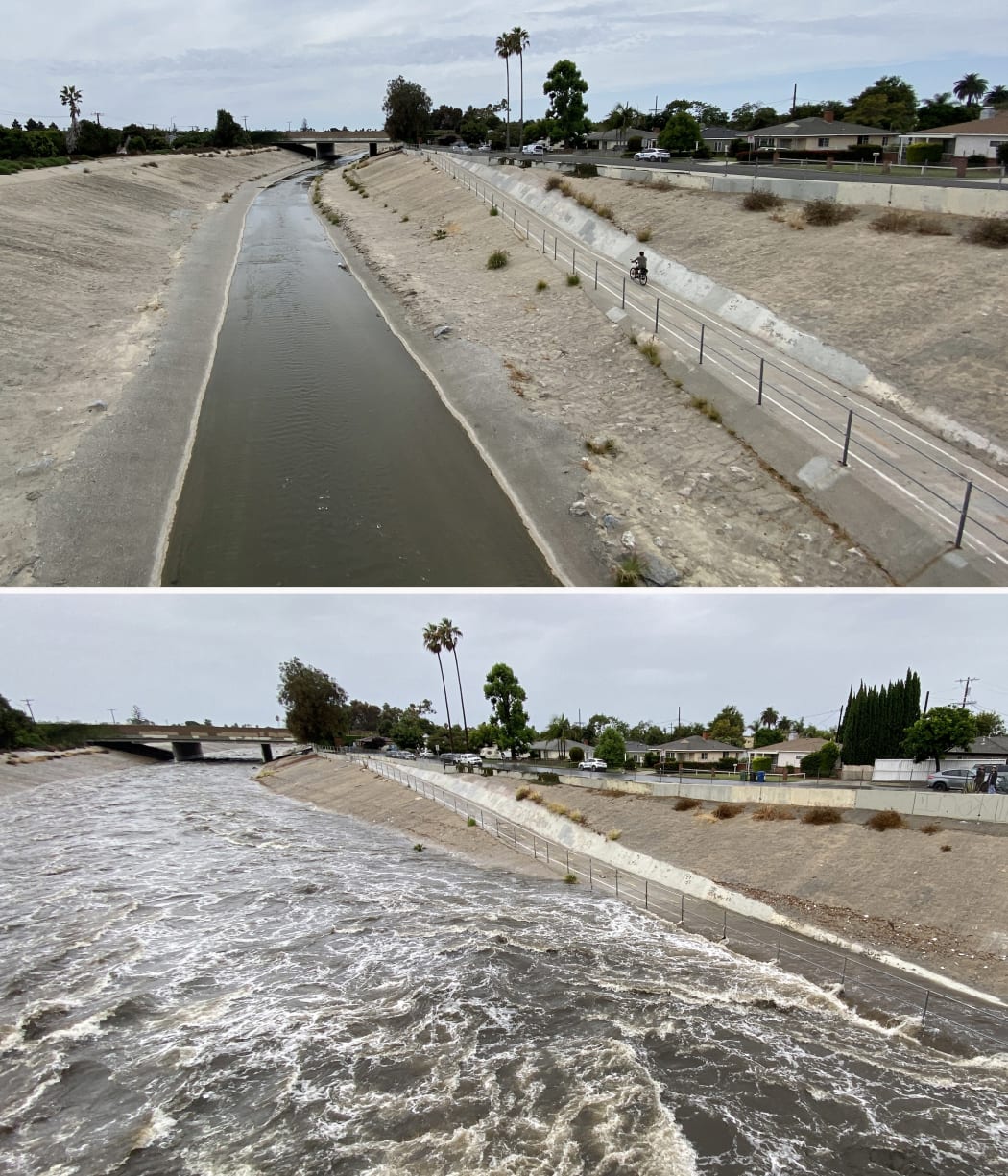 This combination of images shows the Ballona Creek watershed in Culver City, California on 19 August, 2023 (top) and after the approach of Tropical Storm Hilary (bottom) on 20 August, 2023.