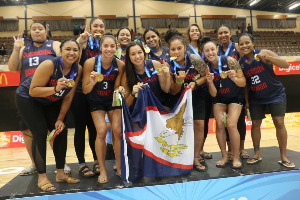 American Samoa celebrate their first ever Pacific Games basketball title.