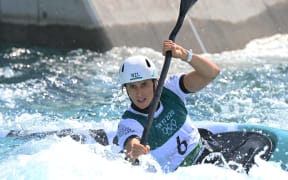 New Zealand's Luuka Jones competes in the women's kayak heat run during the Tokyo 2020 Olympic Games at Kasai Canoe Slalom Centre in Tokyo on July 25, 2021.