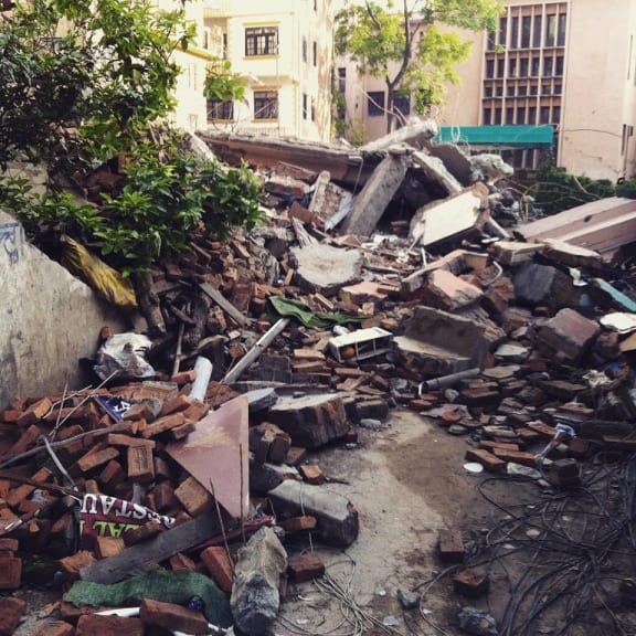 Outside Andre Budd's hotel in Kathmandu, this was an apartment building with people inside when the quake hit on 25 April 2015