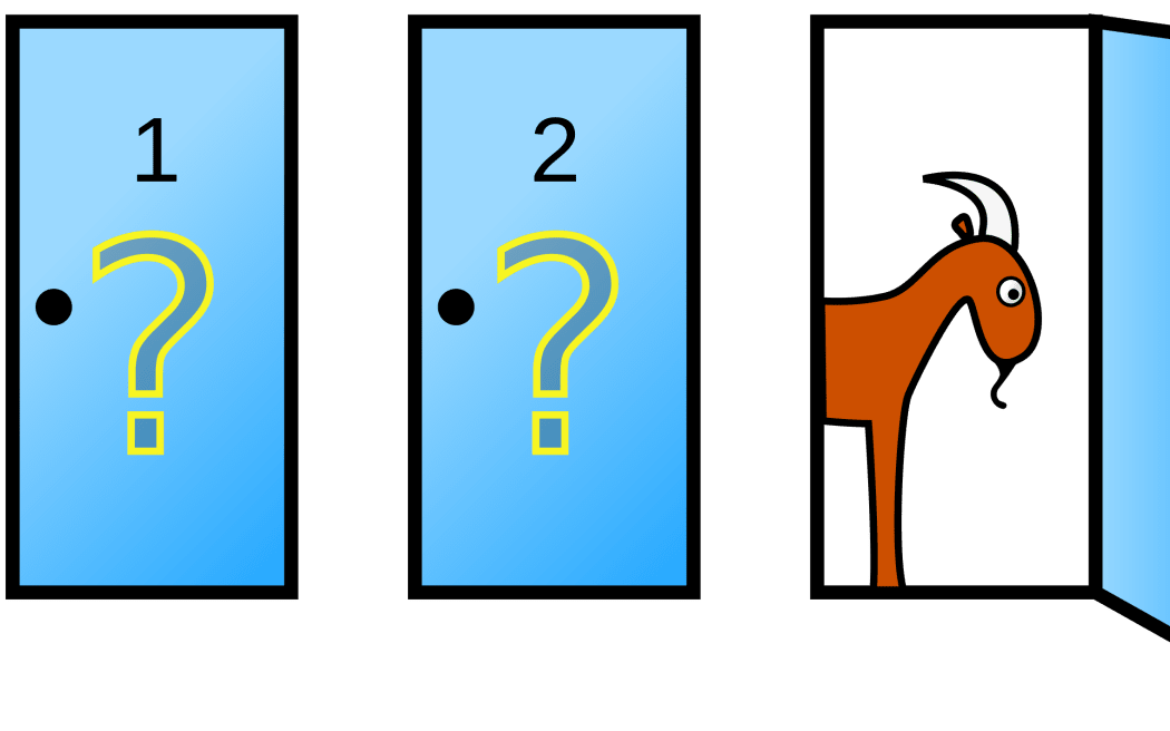 A image depicting the monty hall problem. Two blue doors are labelled 1 and 2 with large question marks on them. A third door is open with a goat inside.