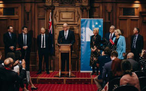 Todd Muller, surrounded by the National Party cabinet, makes his first speech as leader.