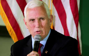 Former US Vice President Mike Pence answers questions at a luncheon sponsored by the UVU Gary R. Herbert Institute of Public Policy on April 28, 2023 at the Zion Bank headquarters in Salt Lake City, Utah.