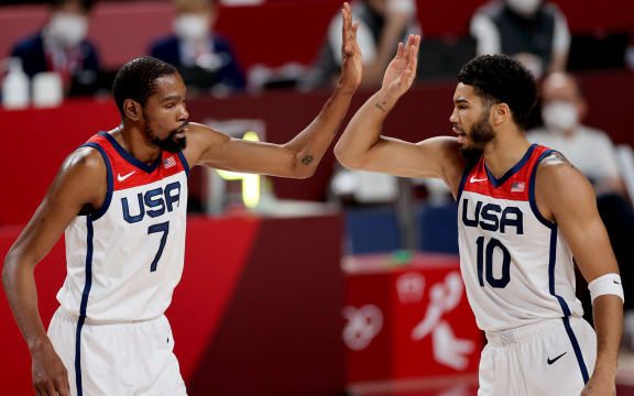 2020 Tokyo Olympic Games Thursday - Basketball, Saitama Super Arena, Tokyo 7/8/2021
Men's Gold Medal Game 
USA vs France
USA's Kevin Durant and Jayson Tatum celebrate.