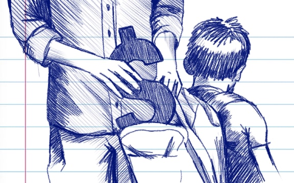 Pen sketch of father packing a child's backpack with a large dollar symbol