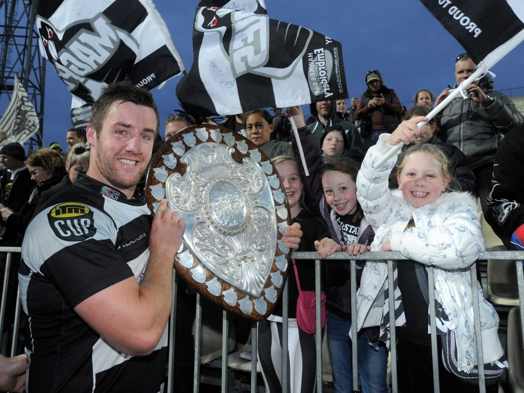 Hawkes Bay's Mark Abbott with the Ranfurly Shield.