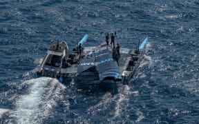 An aerial view of the damaged New Zealand SailGP Team F50 catamaran after racing on day one of the France Sail Grand Prix round in Saint-Tropez, France.