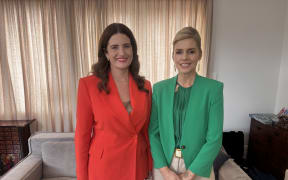 Minister of Finance Nicola Willis and Mihingarangi Forbes pose for a photograph after an episode of MATA.