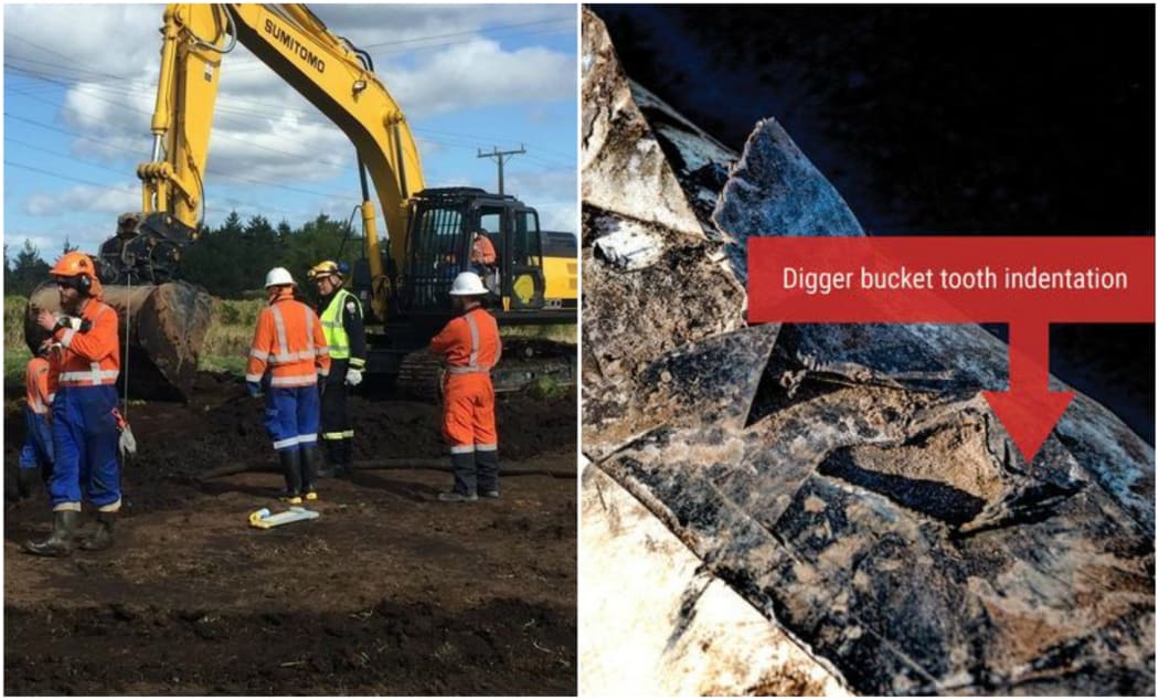 Pipeline repairs, at left, and an image released by Refining NZ on the pipeline damage.
